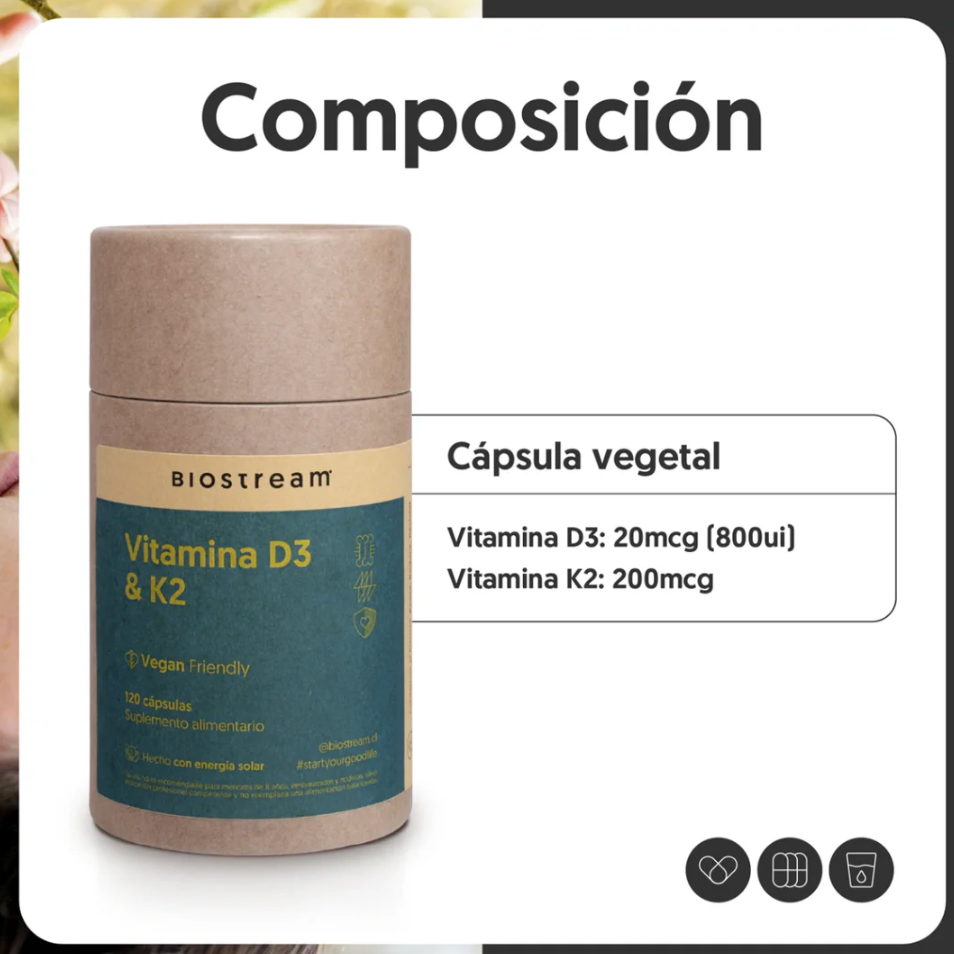 Vitamina D3 (800ui) + K2 (200mcg) | Vegano | 120 cápsulas