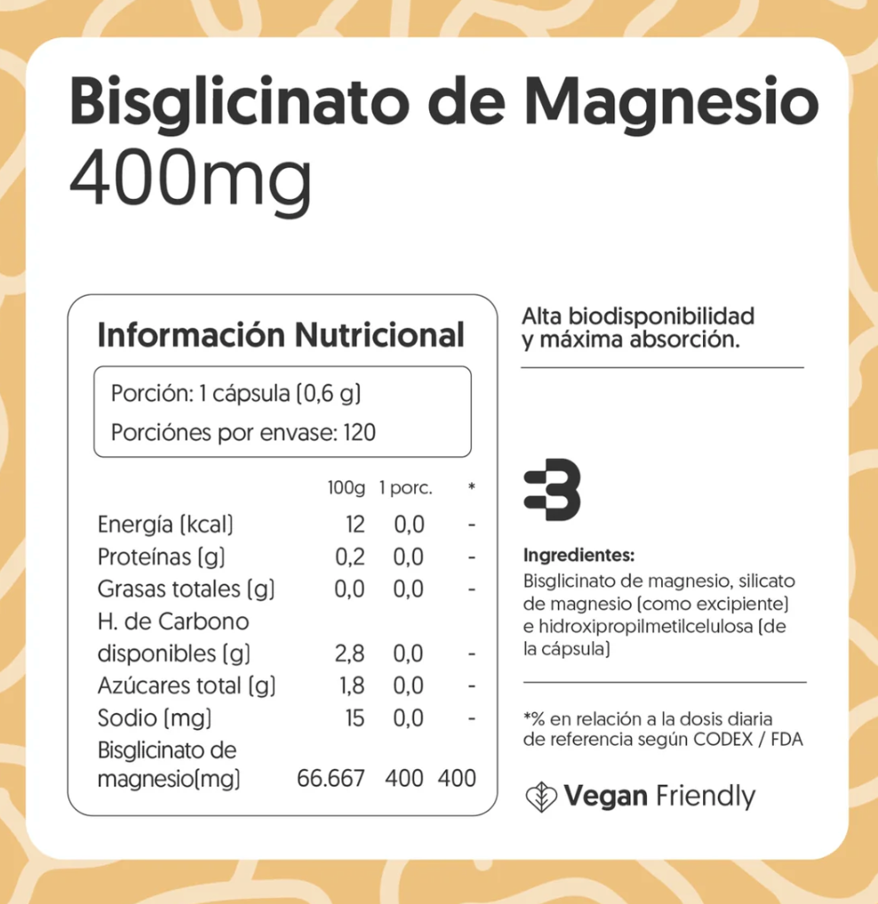 Bisglicinato de Magnesio | 400 mg | Vegano | 120 cápsulas