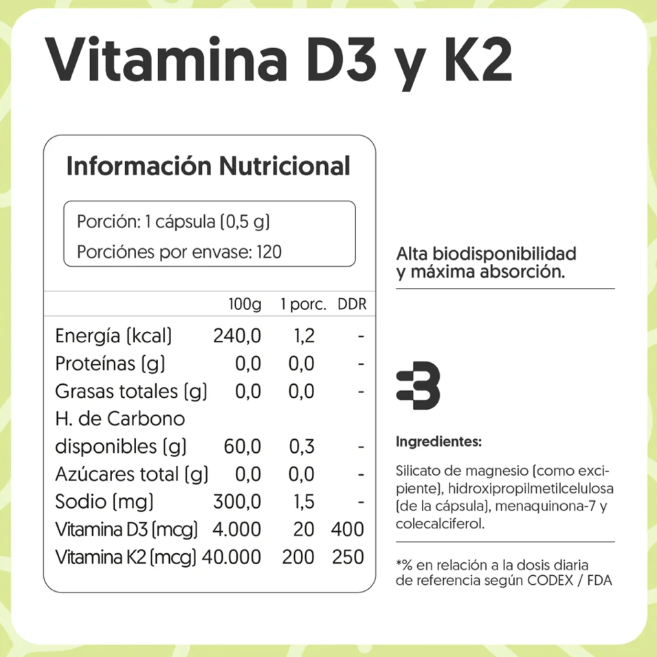 Vitamina D3 (800ui) + K2 (200mcg) | Vegano | 120 cápsulas