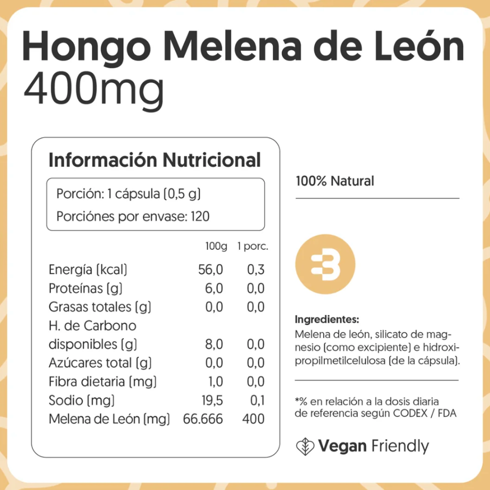 Melena de León | 400mg | Vegano | 120 cápsulas